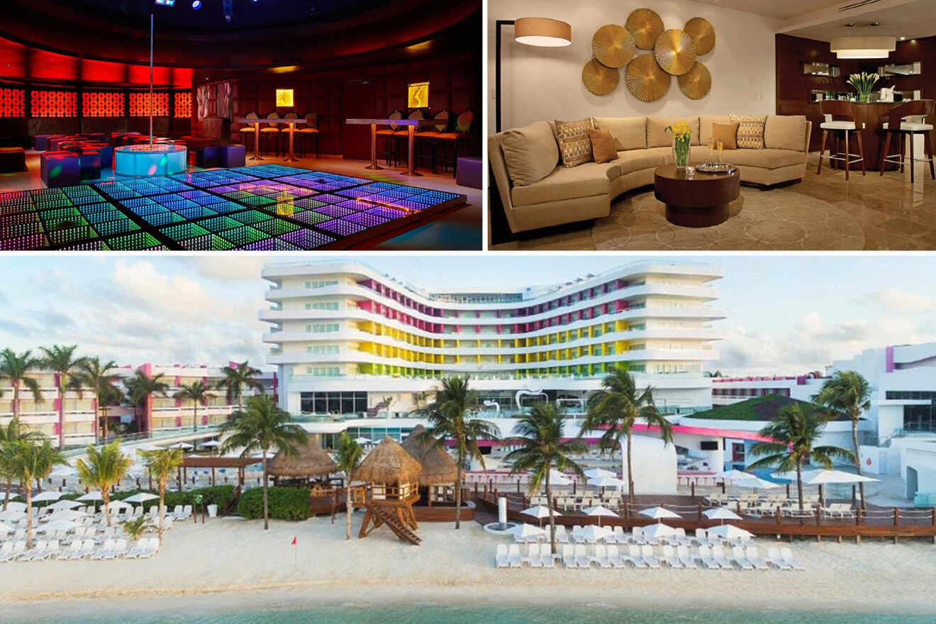 Un collage de algunos de los mejores resorts para fiestas en Cancún, México