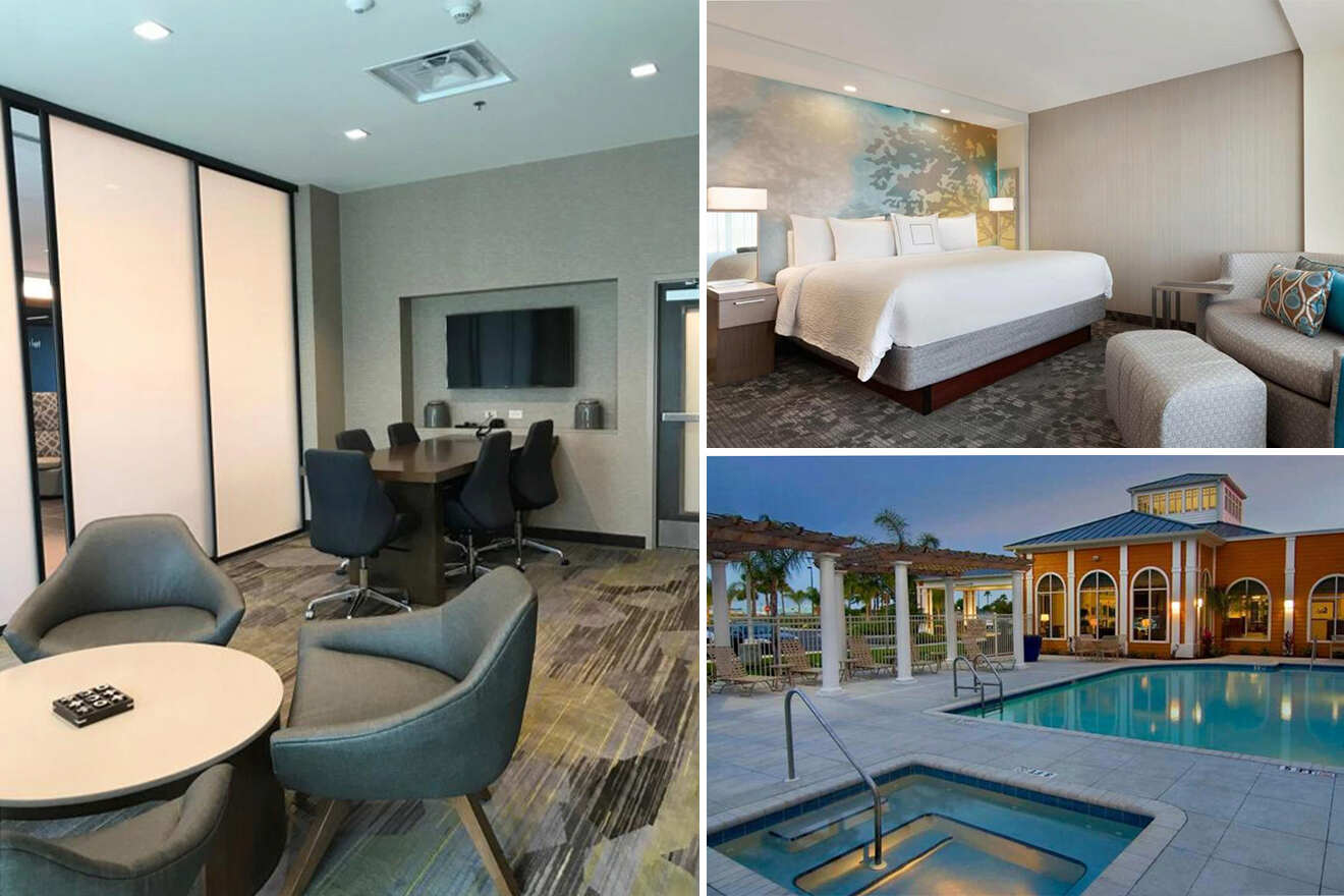 collage de 3 imágenes que contienen una piscina al aire libre, un dormitorio y una sala de estar