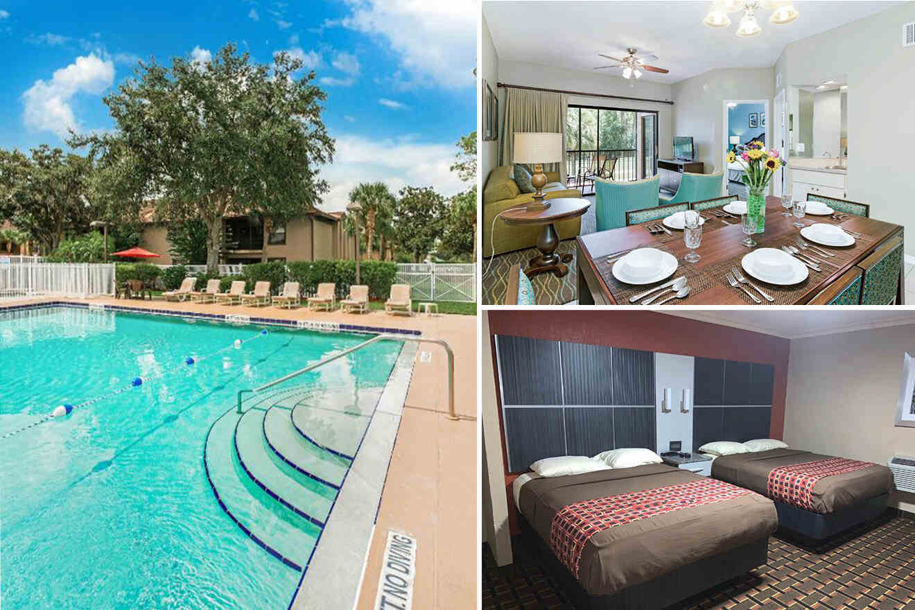 collage de 3 imágenes que contienen una piscina al aire libre, un dormitorio y un comedor