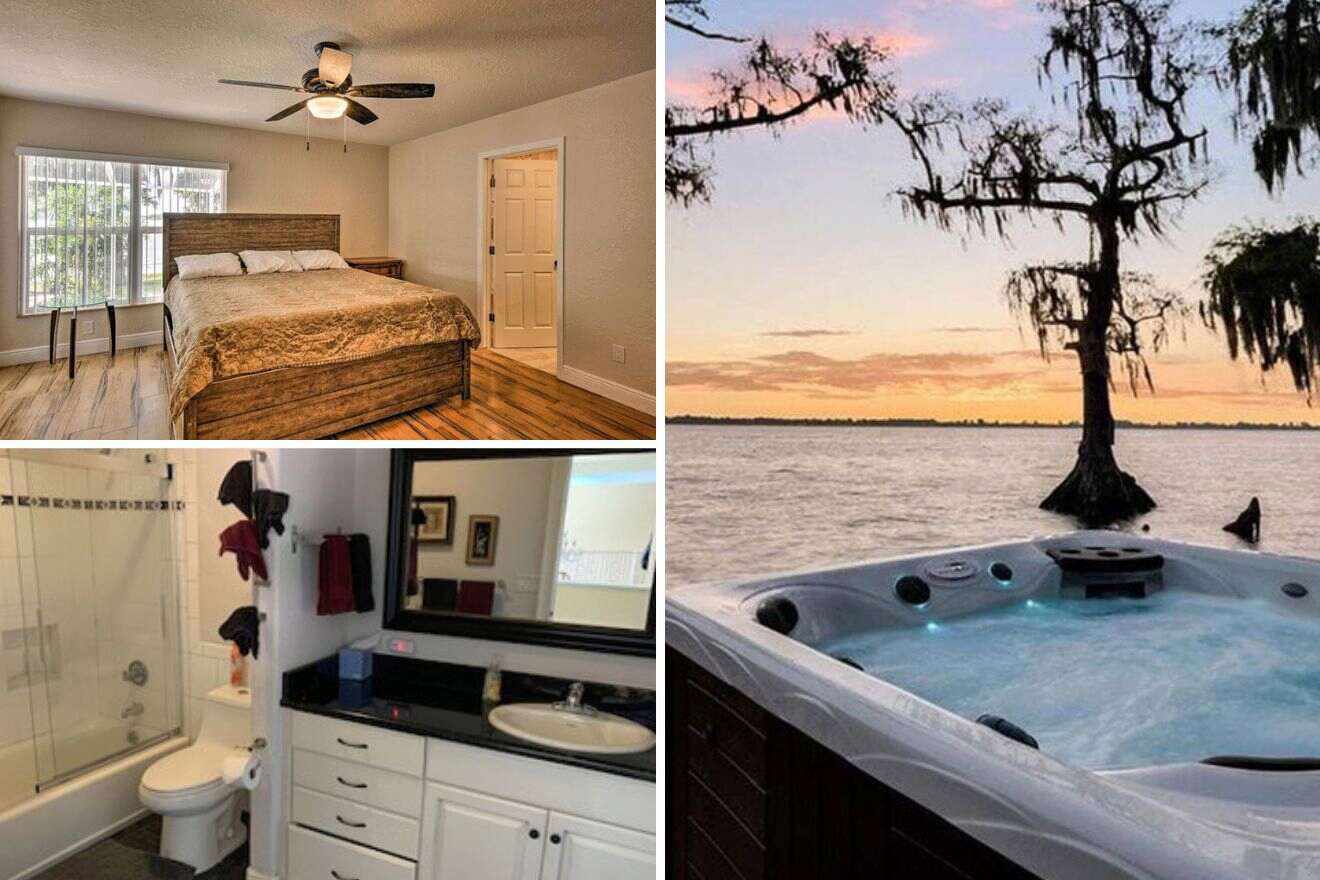 collage de 3 imágenes que contiene un jacuzzi, un dormitorio y un baño