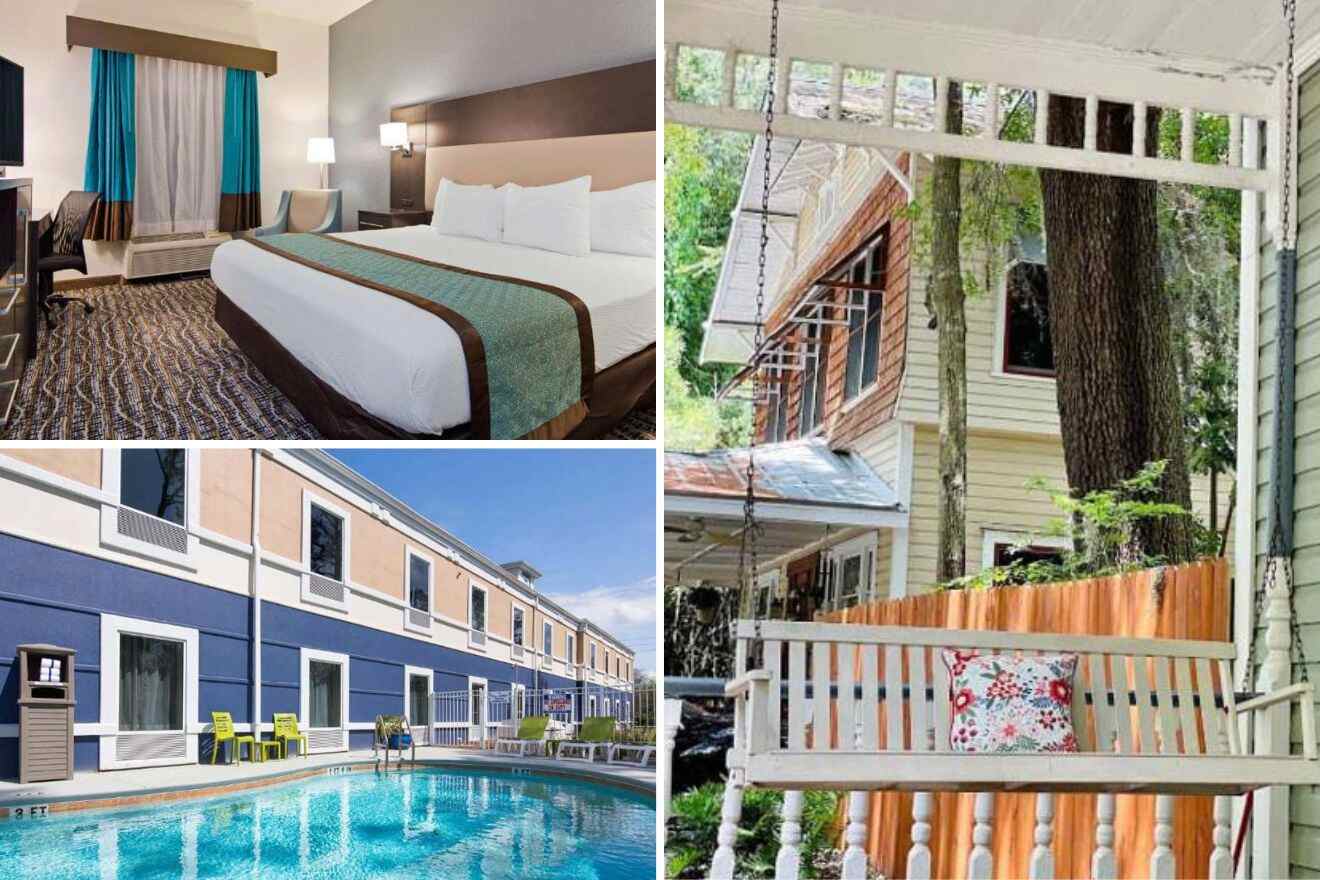 collage de 3 imágenes que contiene un dormitorio, terraza con columpio y piscina
