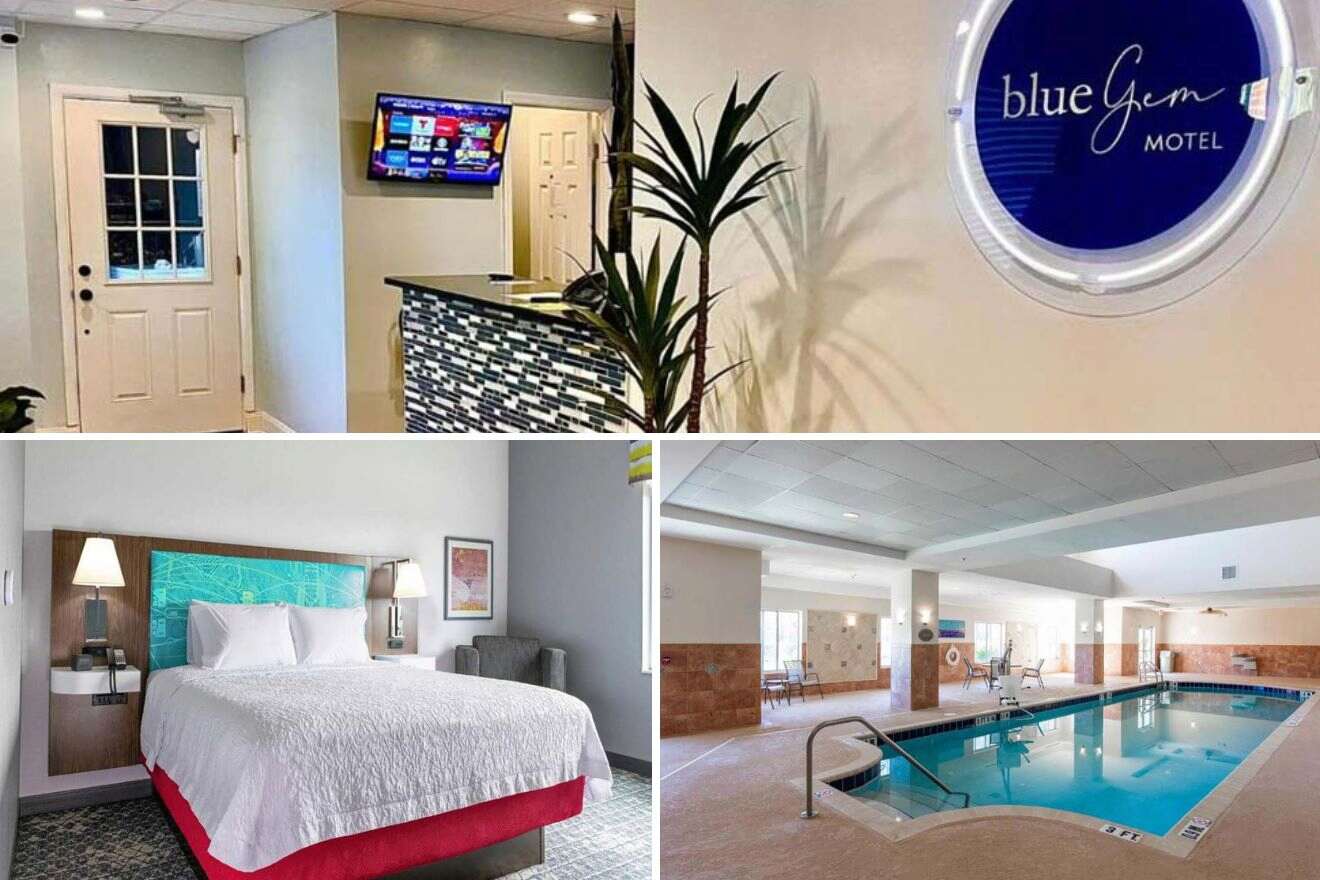 collage de 3 imágenes que contienen un dormitorio, el vestíbulo de un hotel y una piscina