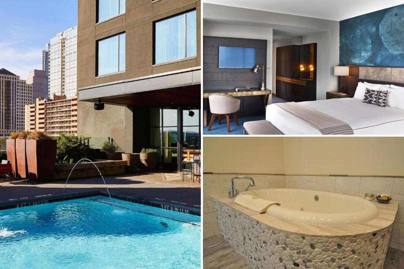 collage de 3 imágenes con una piscina, una bañera y un dormitorio
