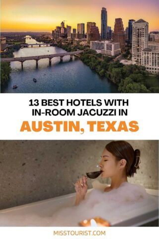Vista aérea de Austin y una mujer en la bañera con una copa de vino