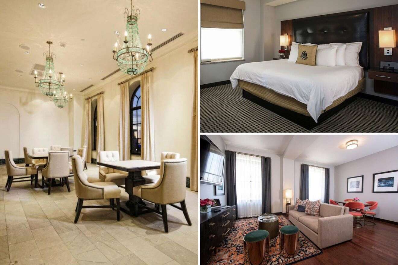 Un collage de tres fotos: el comedor del hotel, el dormitorio y la sala de estar