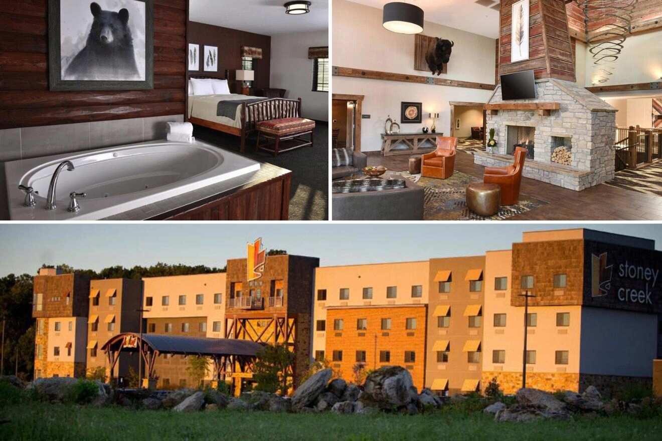 Un collage de tres fotos: dormitorio con jacuzzi, sala de estar con chimenea y vista desde el exterior del hotel