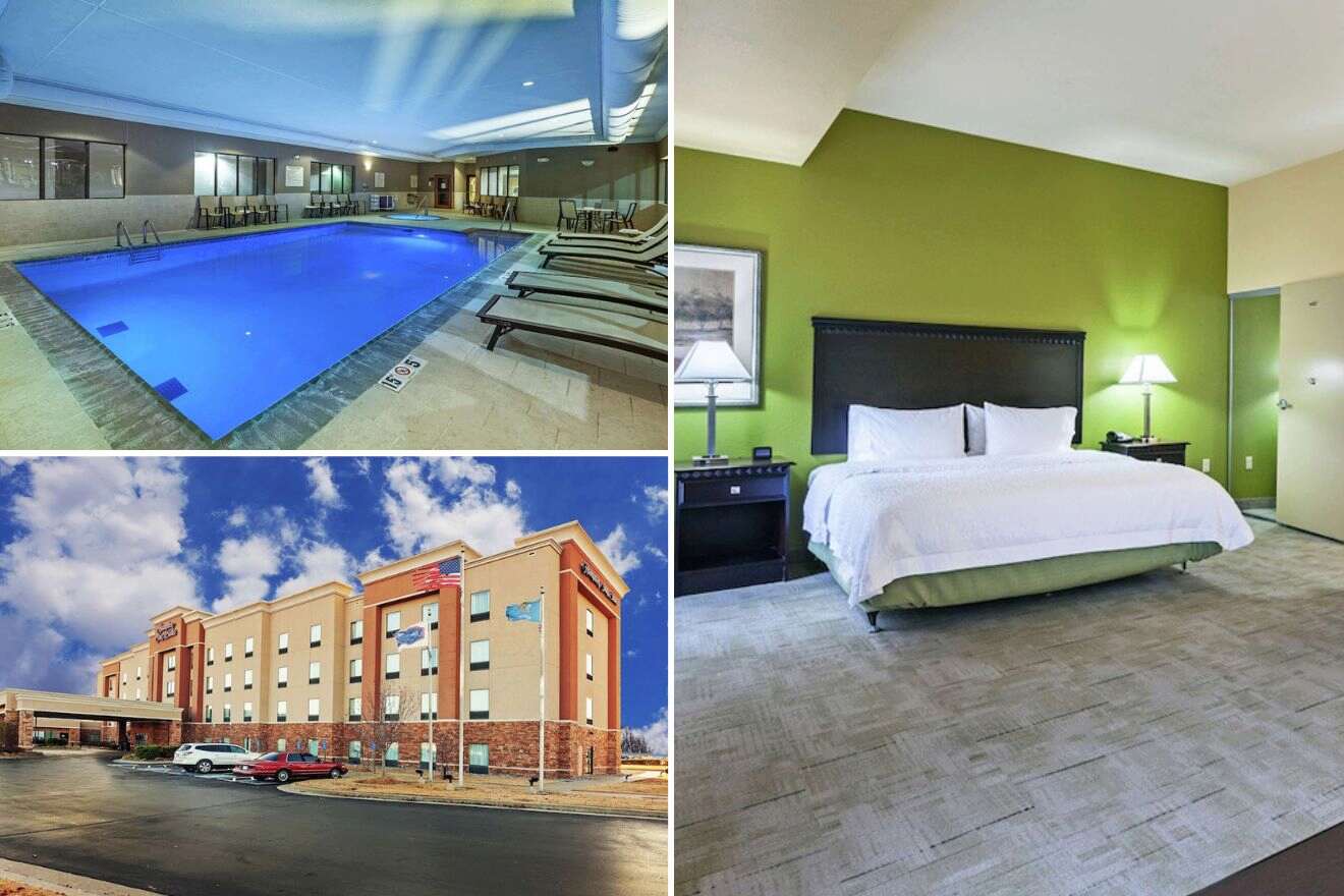 Un collage de tres fotos: piscina cubierta, vista del exterior del hotel y dormitorio