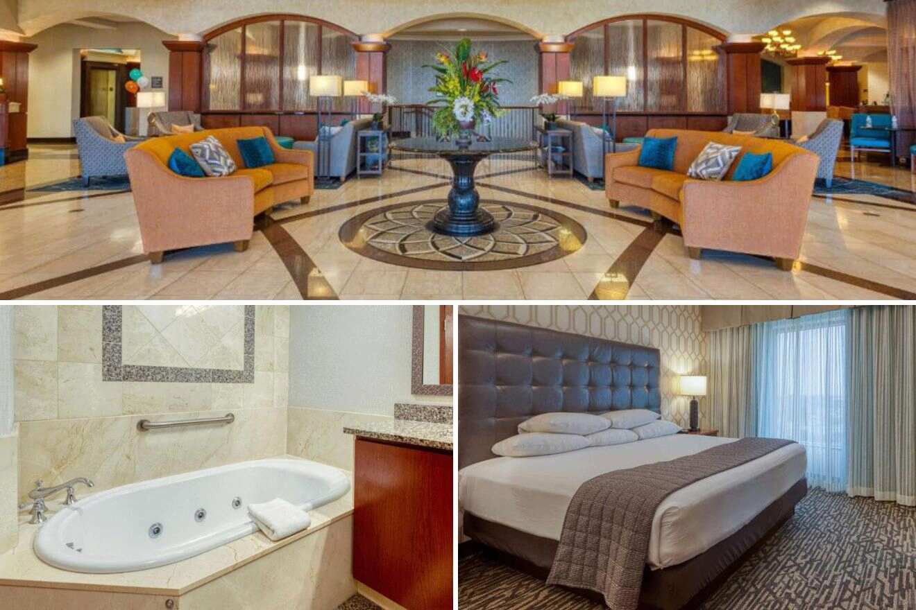 Un collage con tres fotos: lobby del hotel, jacuzzi en el baño y dormitorio