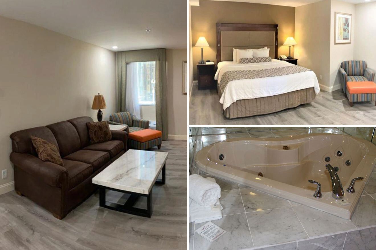 Un collage con tres fotos: salón, dormitorio y jacuzzi en el baño.