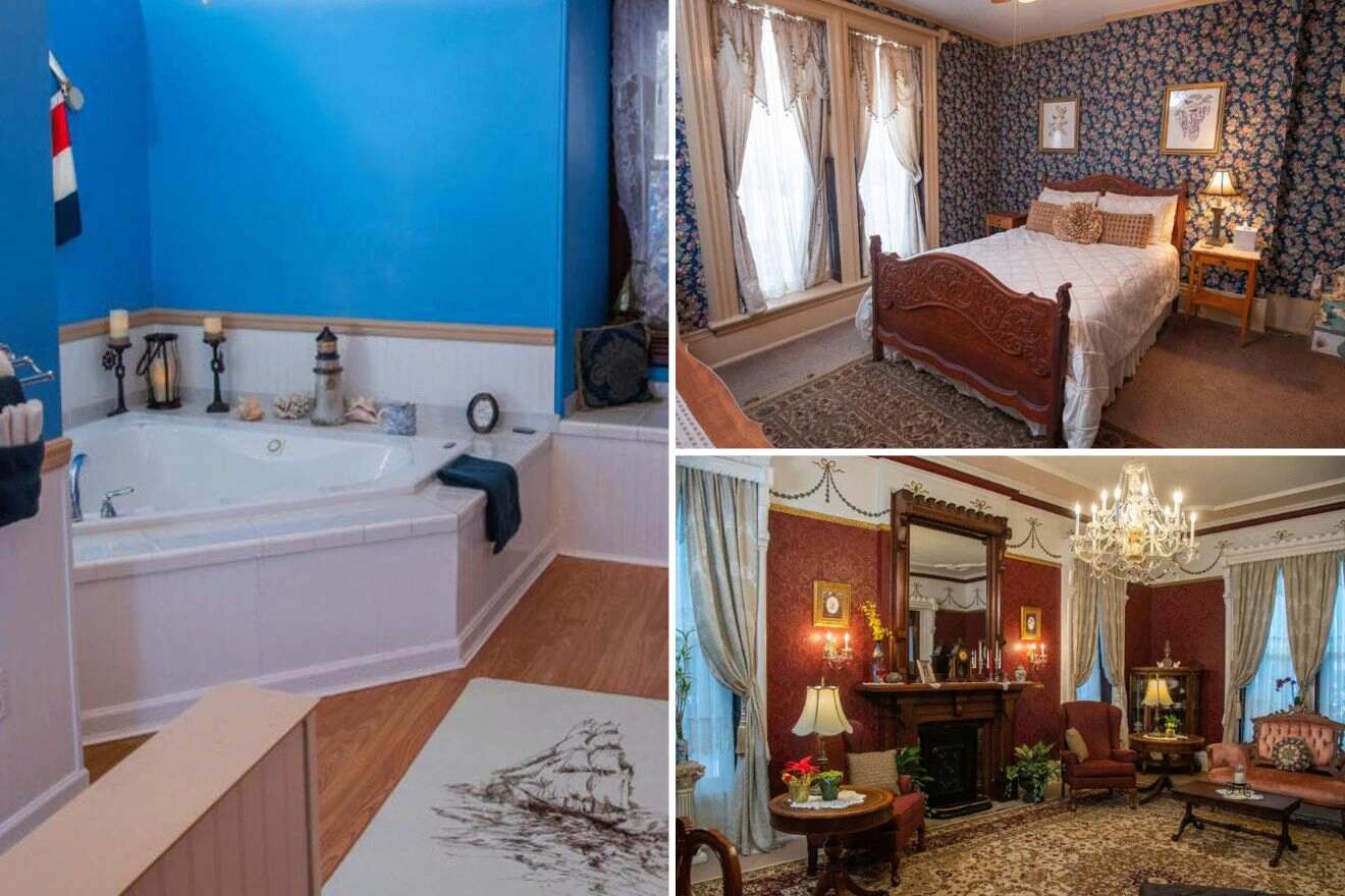 collage de fotos con salón, dormitorio y jacuzzi